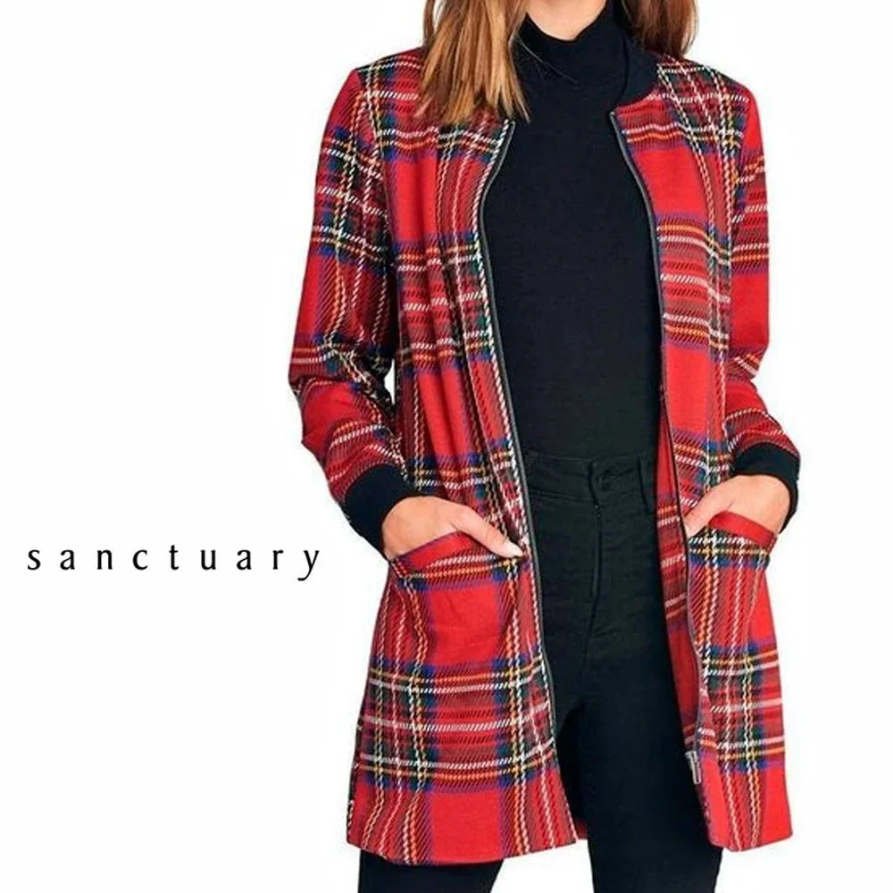 SANCTUARY ~ Red Plaid CITY Longline Bomber Jacket ~ XL (JR) | L (W) - Picture 1 of 12